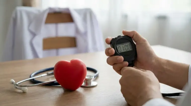 Mano con cronometro accanto a stetoscopio e cuore rosso su un tavolo, simbolo di controllo rapido della salute