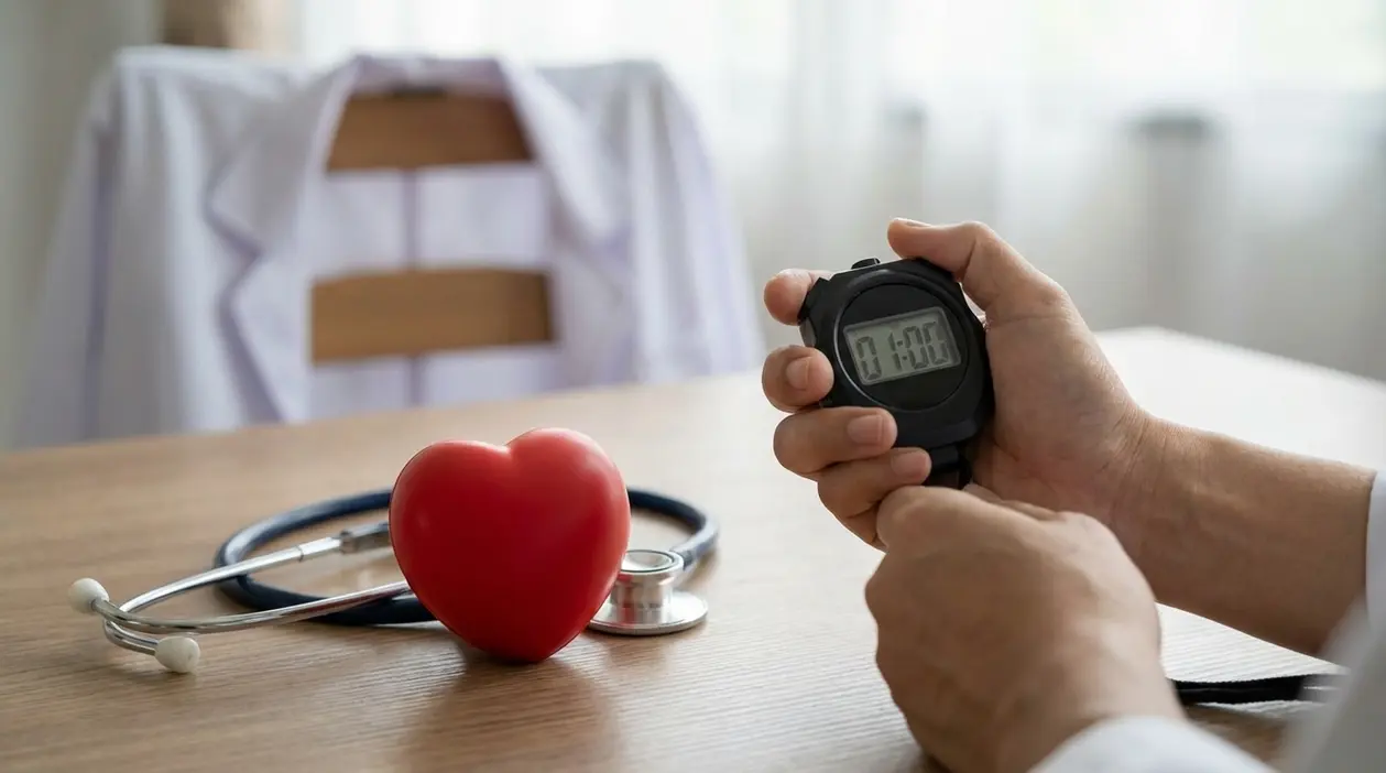 Mano con cronometro accanto a stetoscopio e cuore rosso su un tavolo, simbolo di controllo rapido della salute