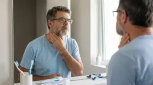 Uomo di mezza età si tocca il collo davanti allo specchio per controllare possibili sintomi alla gola