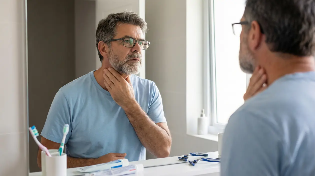 Uomo di mezza età si tocca il collo davanti allo specchio per controllare possibili sintomi alla gola