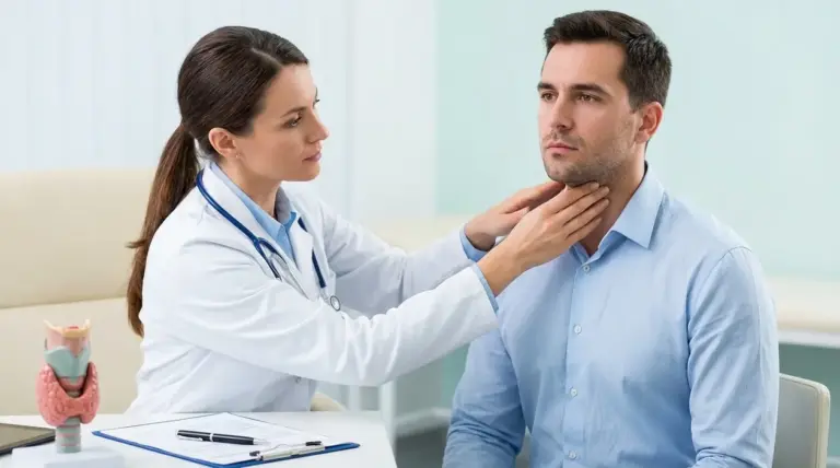 Medico mentre visita il collo di un paziente durante un controllo della tiroide in ambulatorio