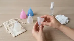 Mani che tengono una coppetta mestruale con accessori per pulizia e conservazione su un tavolo.