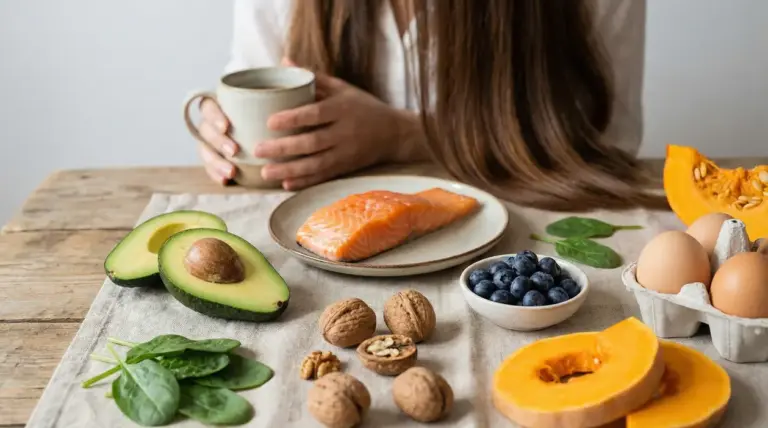 Alimenti nutrienti per capelli sani: salmone, avocado, noci, uova, mirtilli, spinaci e zucca su un tavolo