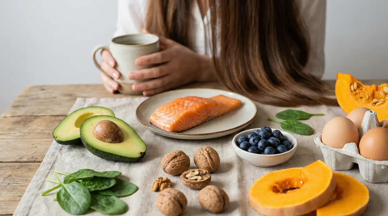 Alimenti nutrienti per capelli sani: salmone, avocado, noci, uova, mirtilli, spinaci e zucca su un tavolo