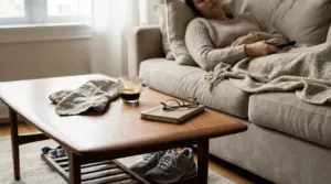 Persona sdraiata sul divano con tazza di caffè sul tavolino, scena di relax dopo il pasto