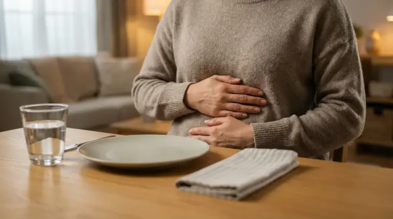 Persona seduta a tavola con le mani sull’addome dopo il pasto, in un contesto domestico