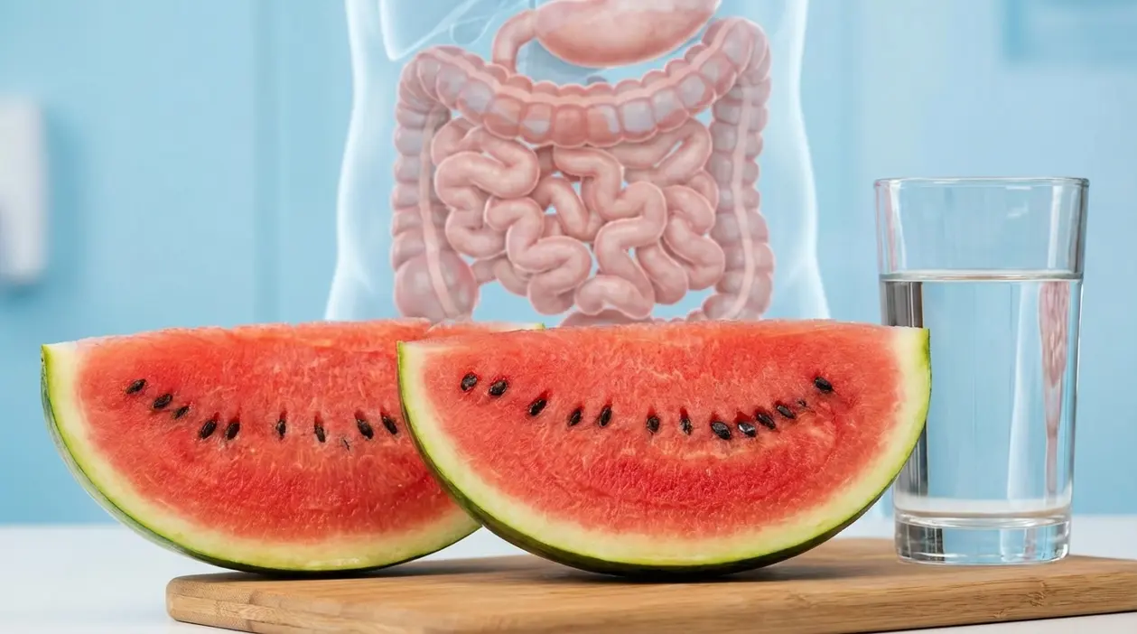 Fette di anguria con semi su un tagliere, accanto a un bicchiere d’acqua e a un’illustrazione dell’intestino