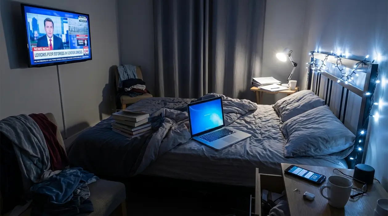 Camera da letto disordinata con TV accesa, laptop sul letto e smartphone sul comodino, elementi che disturbano il sonno