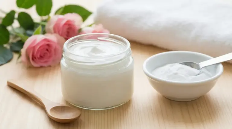 Barattolo di crema bianca con ciotola di bicarbonato e cucchiaio su tavolo, con asciugamano e rose sullo sfondo