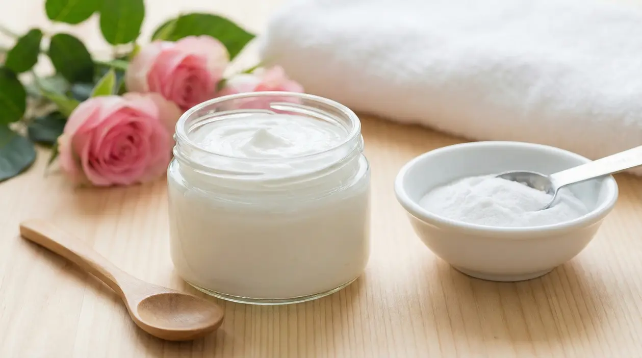 Barattolo di crema bianca con ciotola di bicarbonato e cucchiaio su tavolo, con asciugamano e rose sullo sfondo