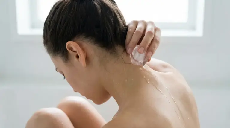 Persona che applica un cubetto di ghiaccio alla base del collo, sul retro della testa