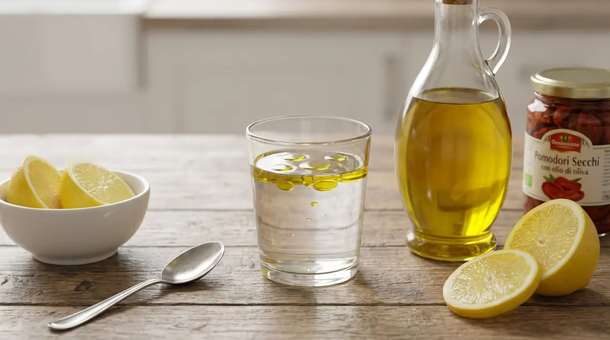 Bicchiere d’acqua con olio d’oliva, limoni tagliati e bottiglia su tavolo, preparazione per la mattina