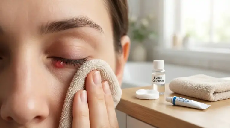 Persona con palpebra arrossata che applica un impacco caldo sull’occhio per alleviare un orzaiolo