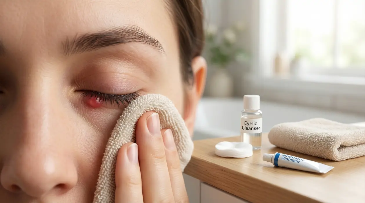 Persona con palpebra arrossata che applica un impacco caldo sull’occhio per alleviare un orzaiolo