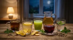 Tazze e bicchieri con infusi e bevande naturali con limone, zenzero e menta su tavolo di legno, di sera