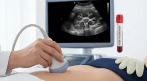 Ecografia renale con sonda sull’addome e monitor usato per la diagnosi di idronefrosi