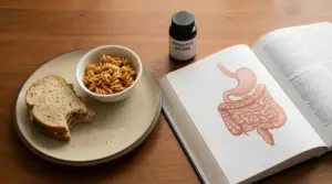Piatto con panino e pasta accanto a libro con illustrazione di stomaco e intestino su tavolo di legno