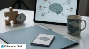 Scrivania con taccuino e tablet con illustrazione del cervello, simbolo di disturbi mentali e fattori scatenanti