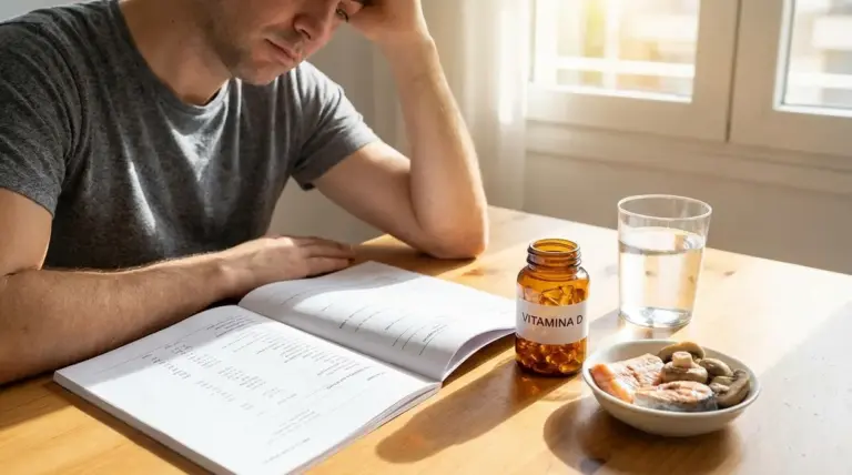 Persona seduta al tavolo con integratore di vitamina D, acqua e alimenti, in un contesto di possibile carenza