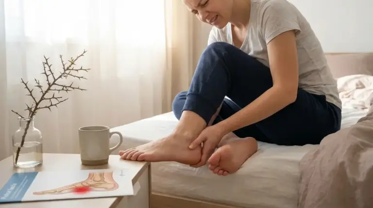 Persona seduta sul letto che si tiene il tallone dolorante appena sveglia