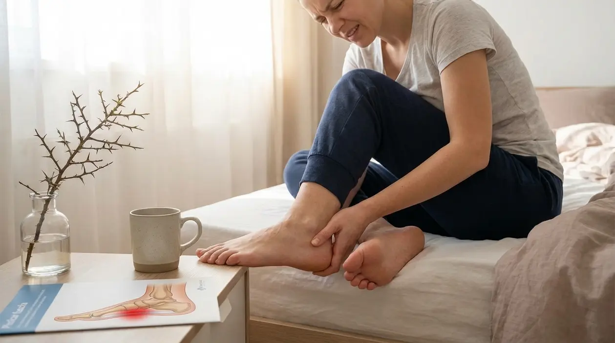 Persona seduta sul letto che si tiene il tallone dolorante appena sveglia