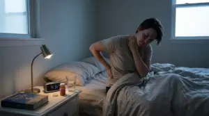 Persona seduta sul letto di notte con dolore a collo e schiena, accanto a sveglia e medicinali