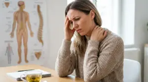 Donna seduta con dolore al collo e alla testa, in un contesto medico legato al rapporto tra emozioni e corpo