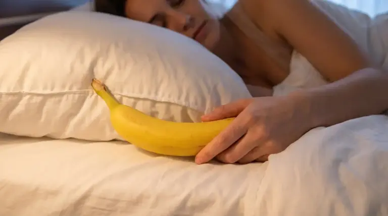 Persona sdraiata a letto con una banana in mano vicino al cuscino, simbolo di un rimedio naturale per dormire meglio