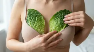 Donna con due foglie di cavolo inserite nel reggiseno, immagine del rimedio naturale per il seno