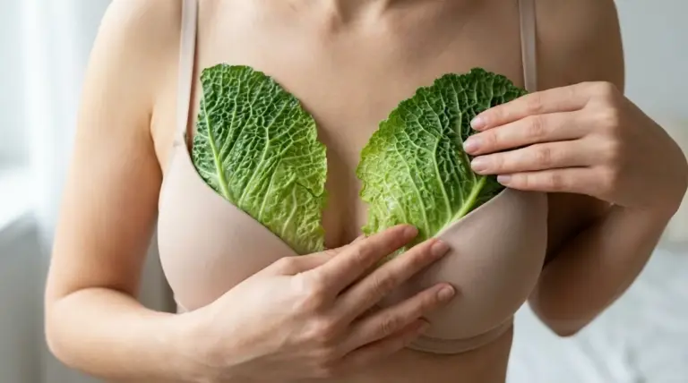 Donna con due foglie di cavolo inserite nel reggiseno, immagine del rimedio naturale per il seno