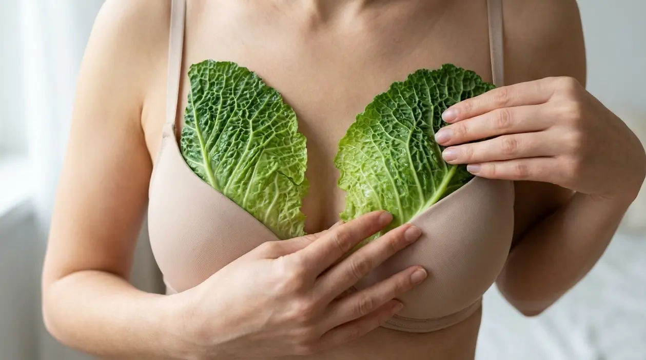 Donna con due foglie di cavolo inserite nel reggiseno, immagine del rimedio naturale per il seno