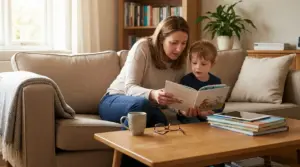 Un genitore legge un libro illustrato a un bambino seduti sul divano, in un salotto luminoso