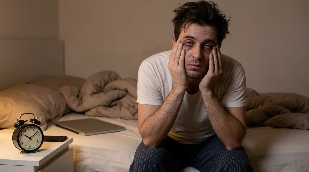 Uomo seduto sul letto con espressione stanca in camera da letto, simbolo degli effetti del dormire poco