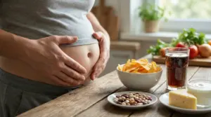 Persona che si tiene la pancia gonfia accanto a patatine, bibita gassata, fagioli, yogurt e formaggio su un tavolo