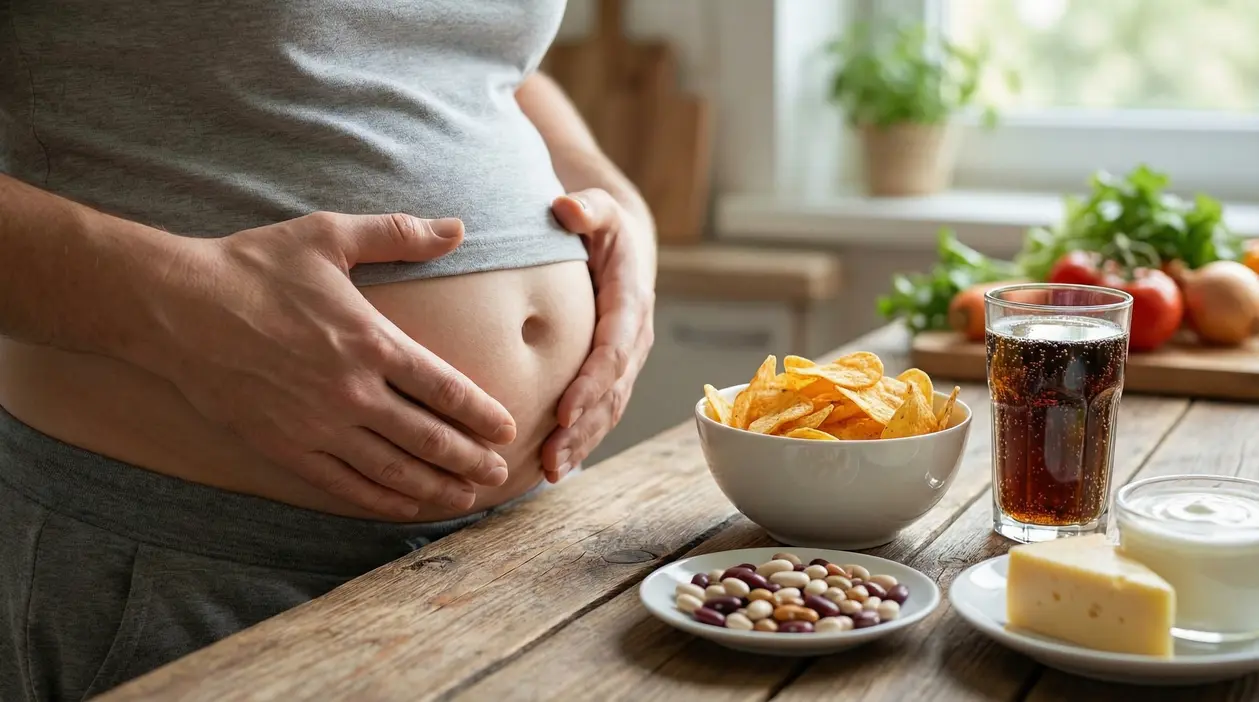 Persona che si tiene la pancia gonfia accanto a patatine, bibita gassata, fagioli, yogurt e formaggio su un tavolo
