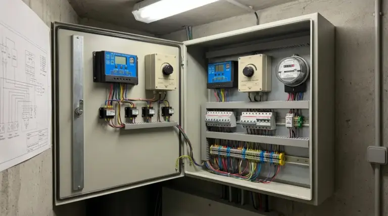 Quadro elettrico aperto con regolatori di energia, contatore e cablaggi in un impianto tecnico