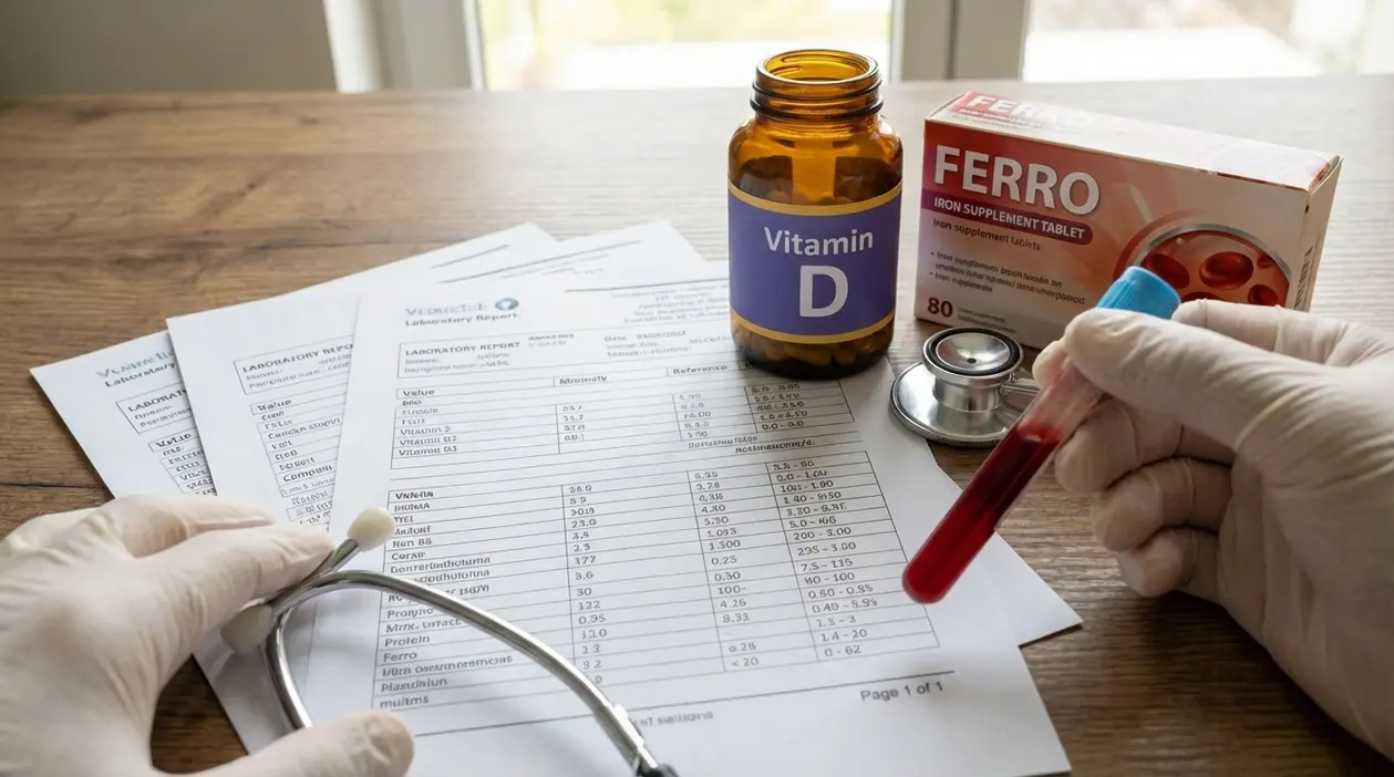 Esami del sangue con provetta, referti e integratori di ferro e vitamina D su un tavolo