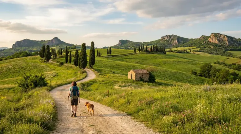 Persona che cammina con un cane lungo un sentiero tra colline verdi e cipressi