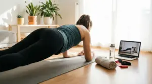 Persona in posizione plank su tappetino a casa seguendo un allenamento su laptop, con asciugamano e borraccia