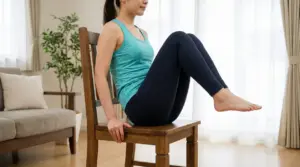 Persona seduta su una sedia che solleva le ginocchia al petto per allenare gli addominali a casa