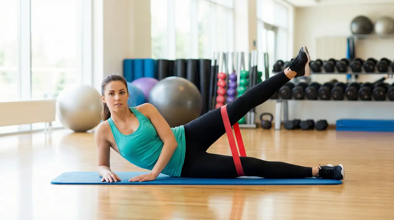 Persona in palestra esegue sollevamento laterale della gamba su tappetino con banda elastica rossa