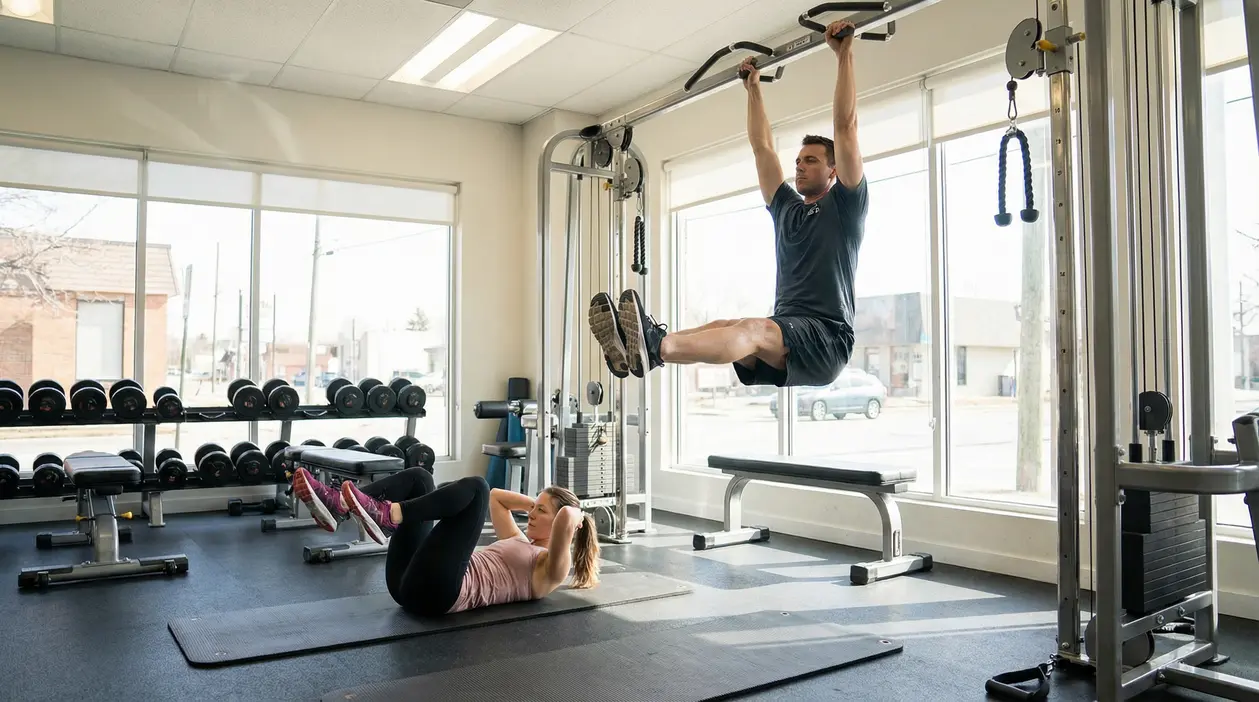 Persona alla sbarra esegue sollevamento gambe e persona sul tappetino fa crunch in palestra