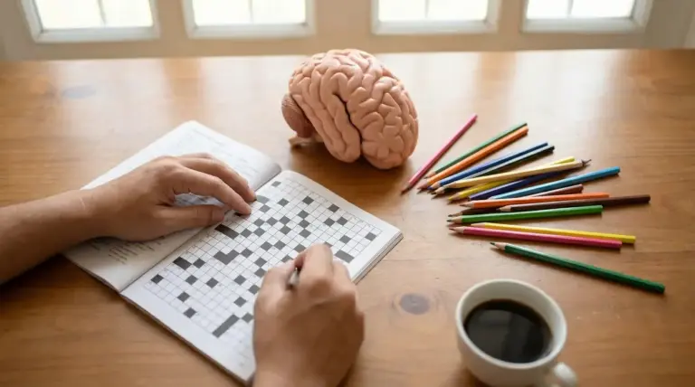 Persona che risolve un cruciverba su un tavolo con modellino di cervello, matite colorate e una tazza di caffè