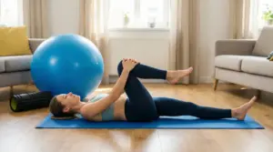 Persona su tappetino fa stretching supino con un ginocchio al petto per alleviare il mal di schiena