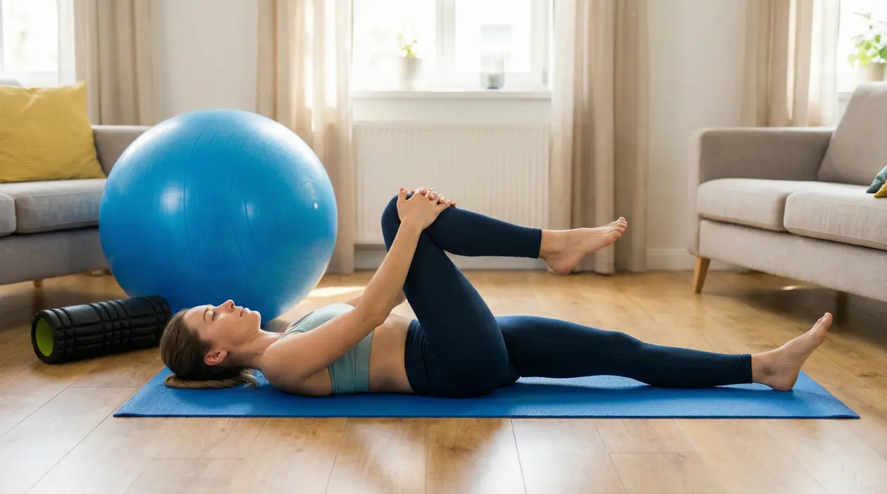 Persona su tappetino fa stretching supino con un ginocchio al petto per alleviare il mal di schiena