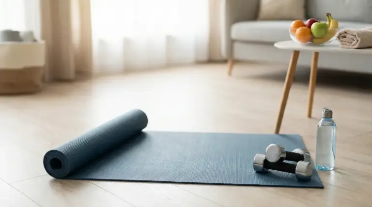 Tappetino fitness con manubri e borraccia in soggiorno, pronto per esercizi per bruciare il grasso addominale