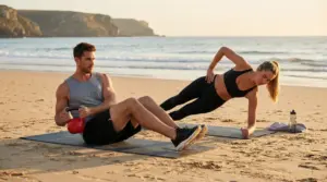 Due persone si allenano sulla spiaggia: plank laterale e torsioni con kettlebell per tonificare obliqui e fianchi