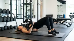 Donna in palestra esegue hip thrust con bilanciere su tappetino per allenare i glutei