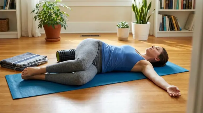 Donna su tappetino mentre esegue una torsione da sdraiata per alleviare la tensione nella parte bassa della schiena