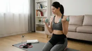 Persona seduta su tappetino che esegue curl per bicipiti con manubri in salotto